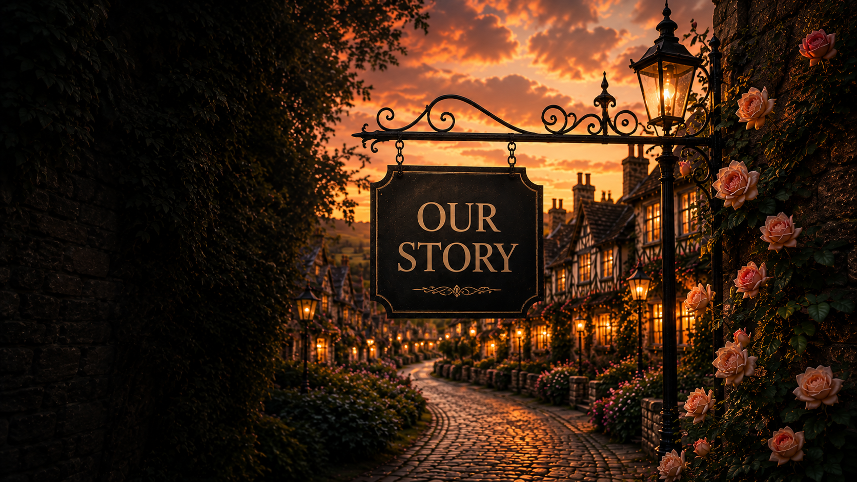 A cobblestone English village street at sunset with an OUR STORY sign hanging from an iron lamppost