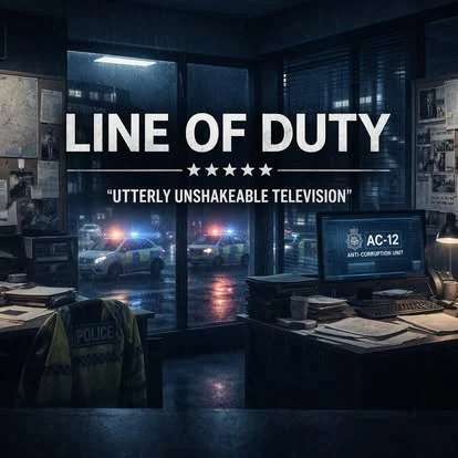 Line of Duty poster-style graphic featuring AC-12, the fictional Anti-Corruption Unit
