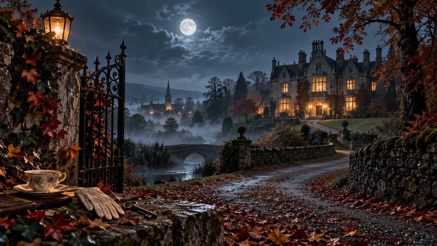 A moonlit manor house on an autumn night, with a gate, fog, a teacup, gloves and an old key in the foreground