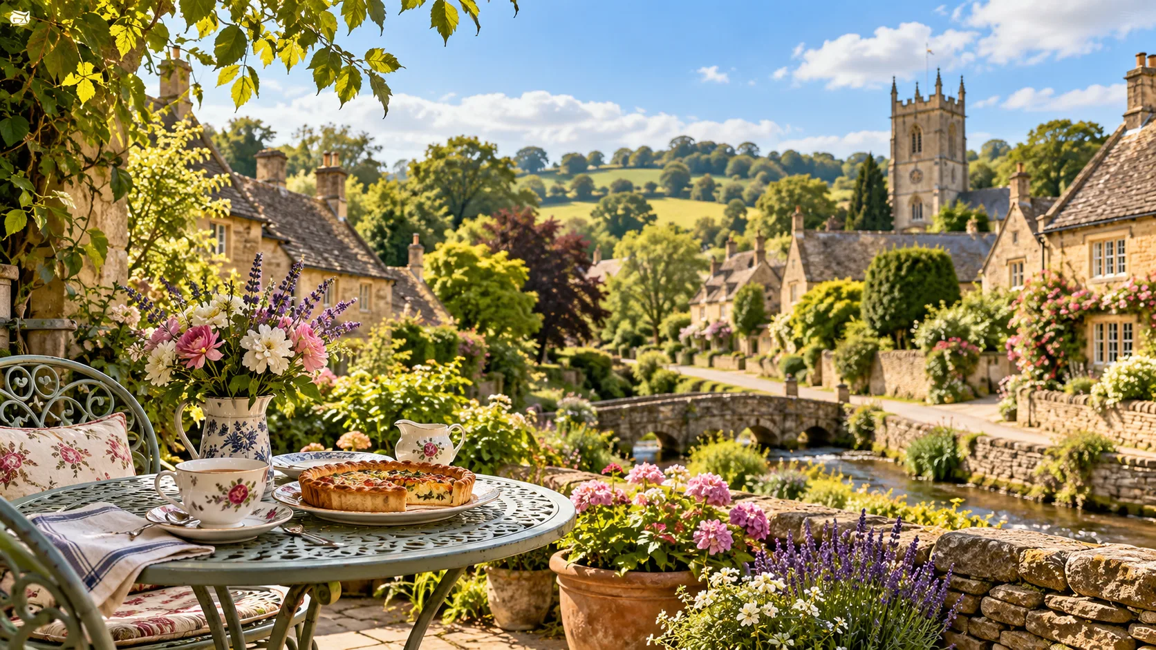 A sunny Cotswolds village garden with tea and a quiche on a garden table, overlooking honey-stone cottages, a stone bridge and a church tower