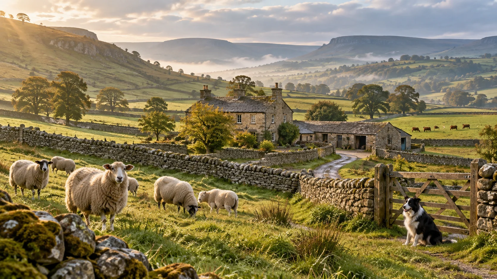 A stone farmhouse in the Yorkshire Dales at sunrise, with grazing sheep, a dry stone wall, and a border collie by the gate