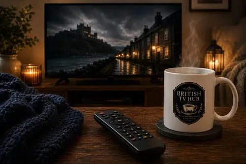 A British TV Hub mug and remote in front of a TV showing a moody castle at night