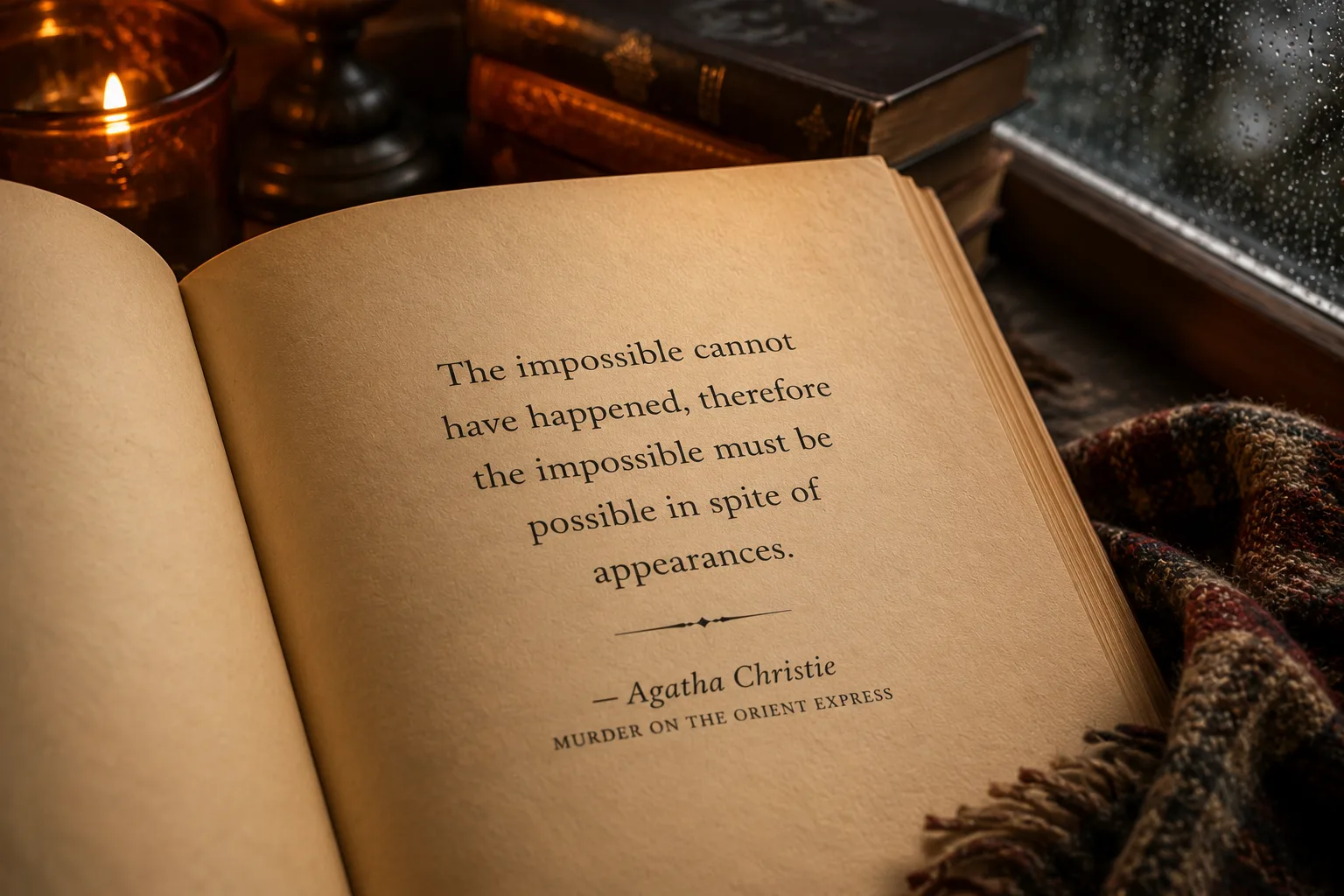 An open book with an Agatha Christie quote from Murder on the Orient Express, beside a candle and a rainy window