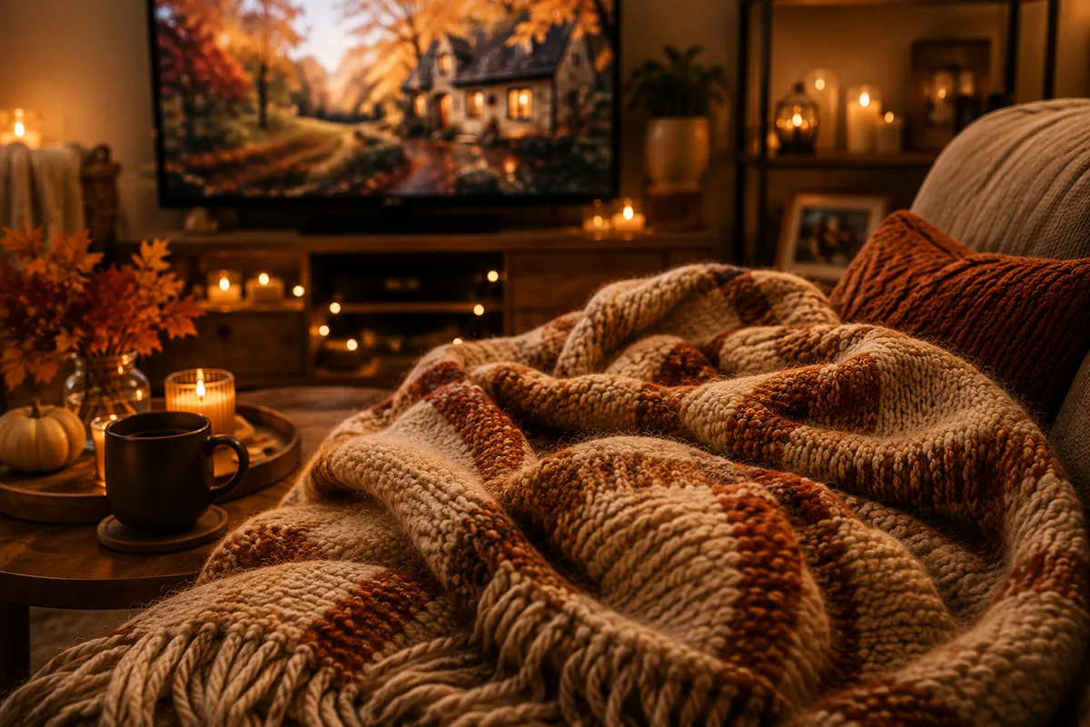 Knit throw draped over a couch in a cozy living room