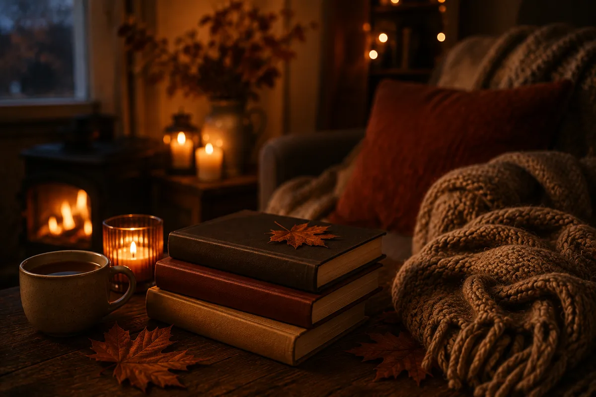 Stack of books with tea by a fireplace
