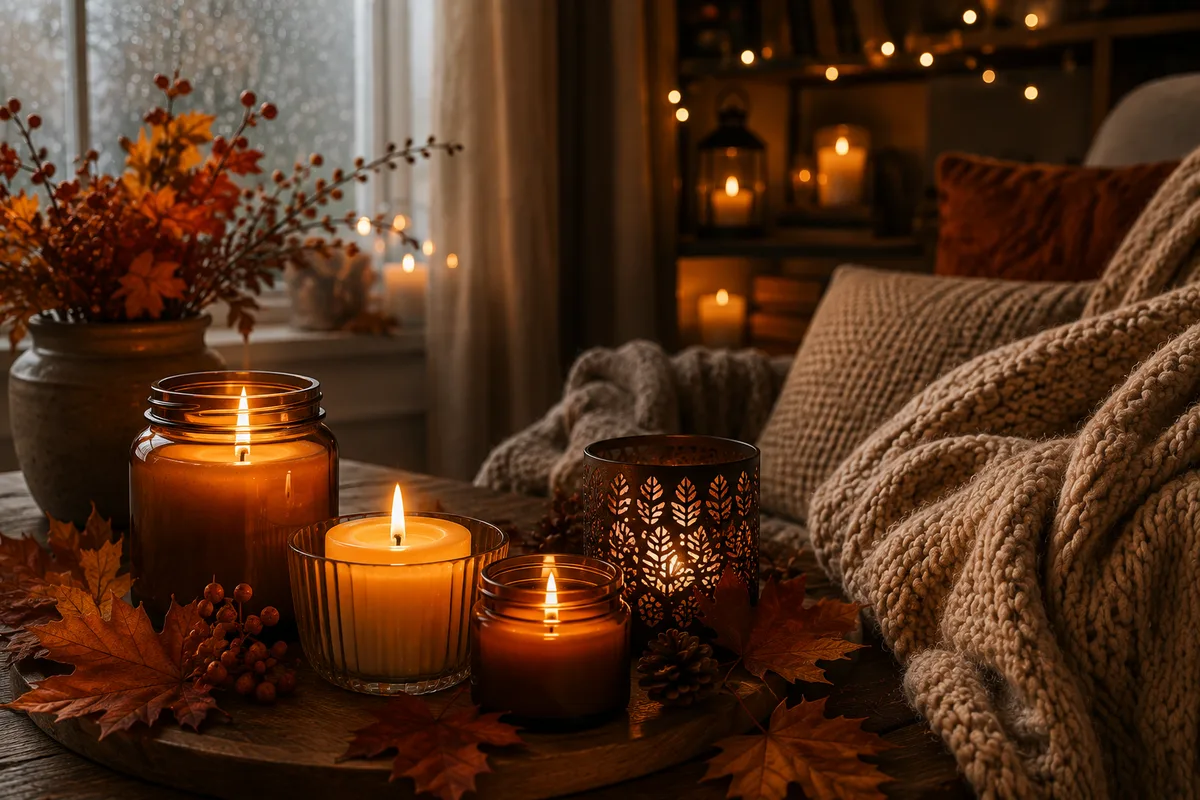 Cluster of lit candles in a cozy room