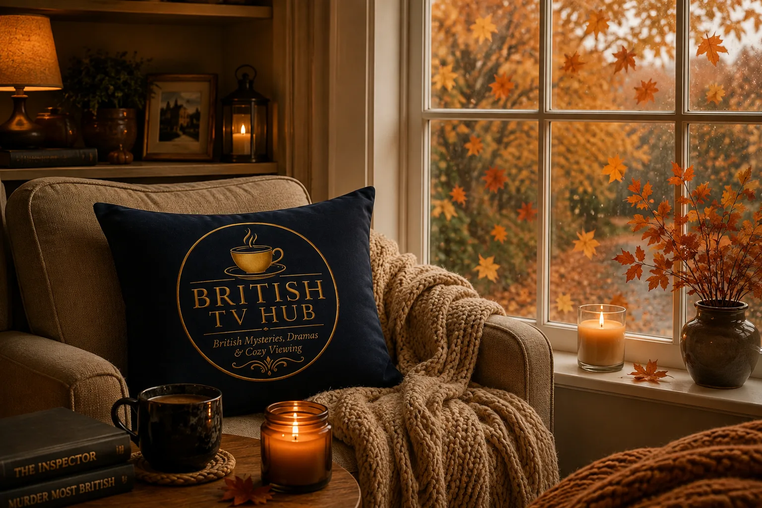 Cozy autumn gift guide scene with tea and a British village on the TV