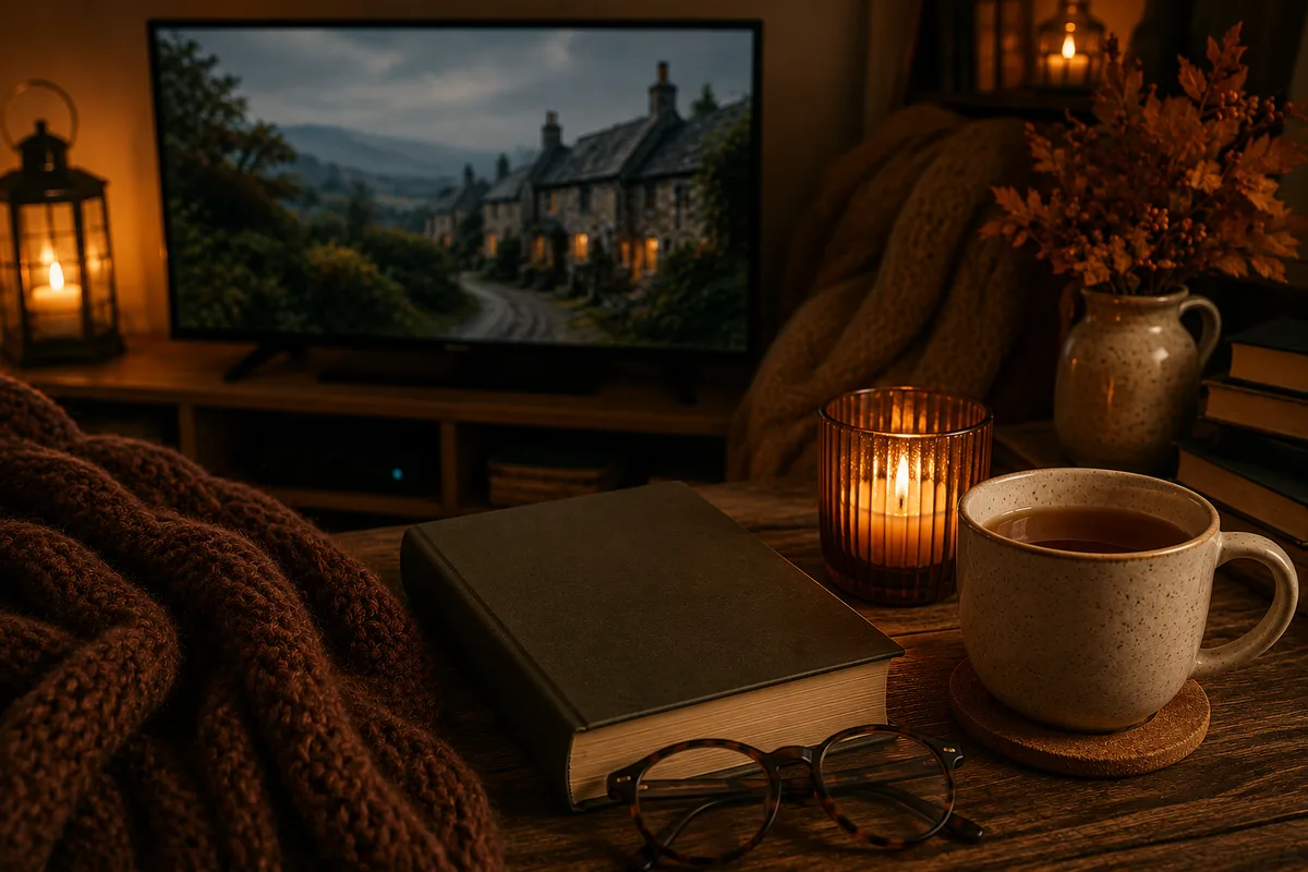Book, tea, and candle in front of a TV showing a cozy village scene