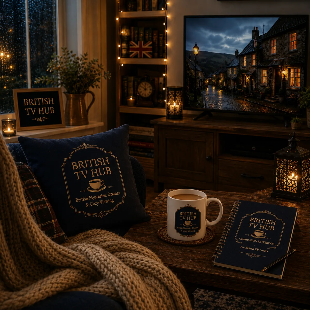 Cozy evening scene with British TV Hub mug, books, and lantern