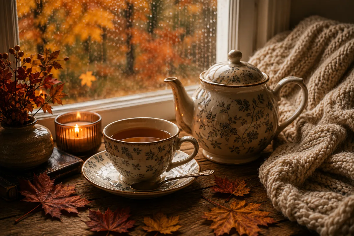 Tea service by an autumn window