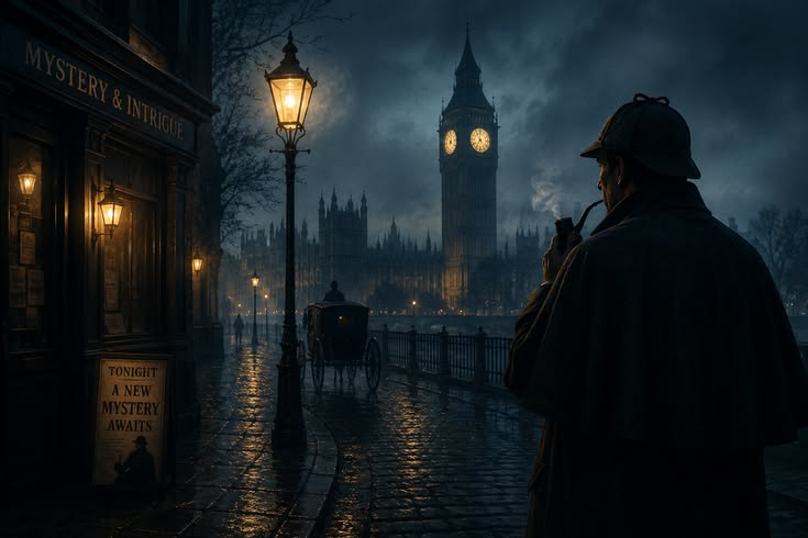 Victorian London detective scene with Big Ben at night