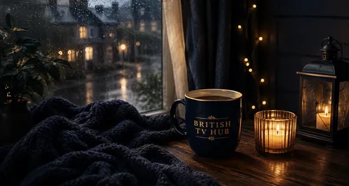 A cup of tea beside an open book on a rainy windowsill, candles glowing in the background