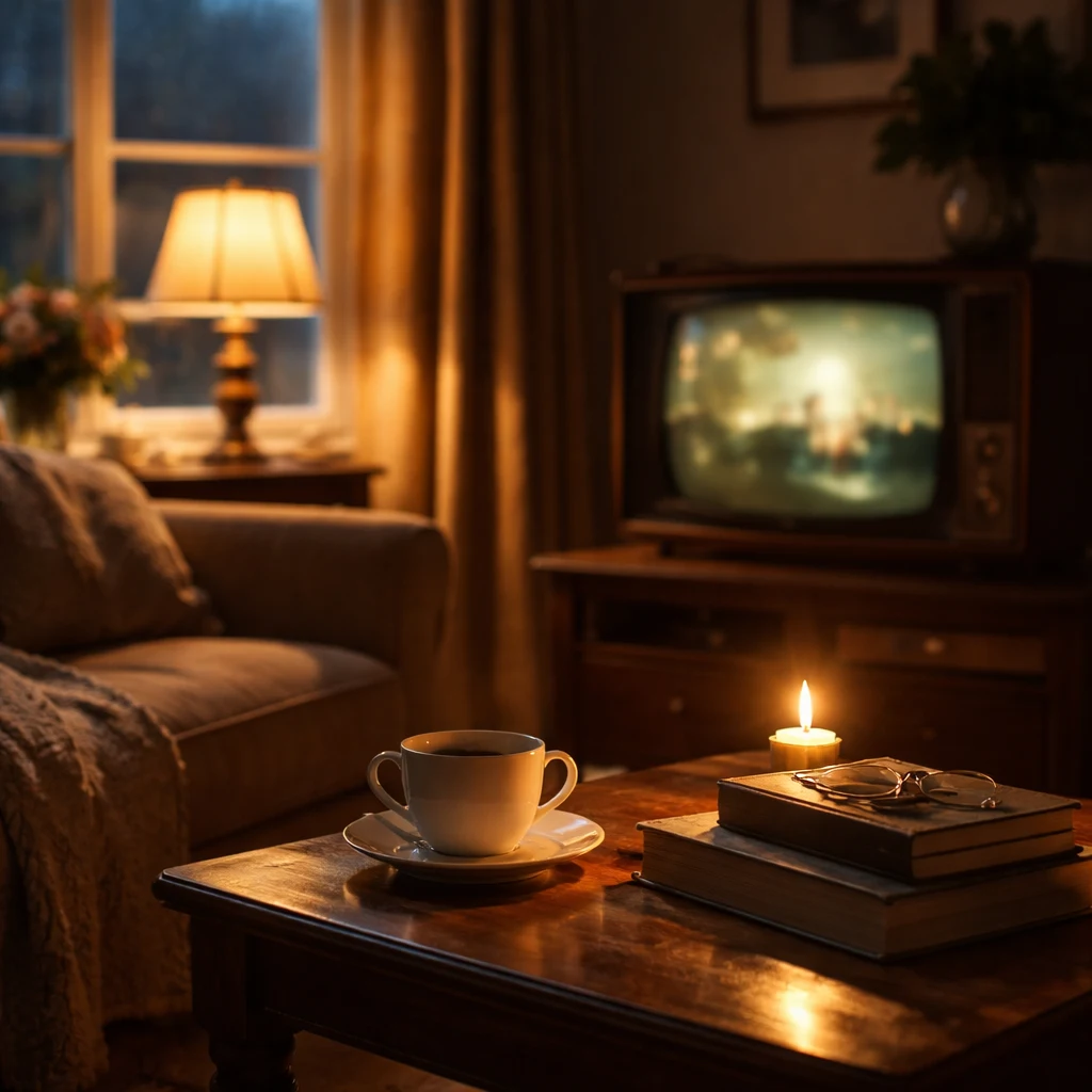 Cosy living room with tea, a book, and a glowing TV in the background