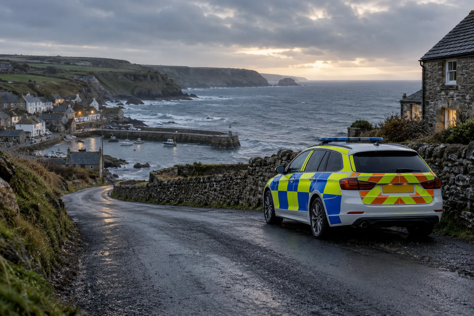 A UK police car parked above a Cornish fishing village overlooking the sea at dusk
