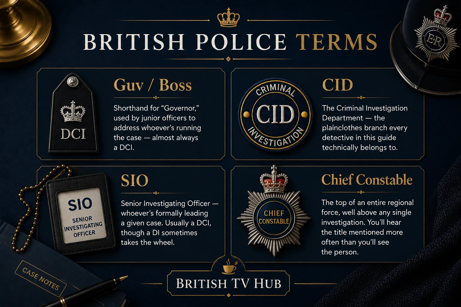 British Police Terms infographic: Guv/Boss short for Governor, CID the Criminal Investigation Department, SIO Senior Investigating Officer, and Chief Constable who runs an entire force