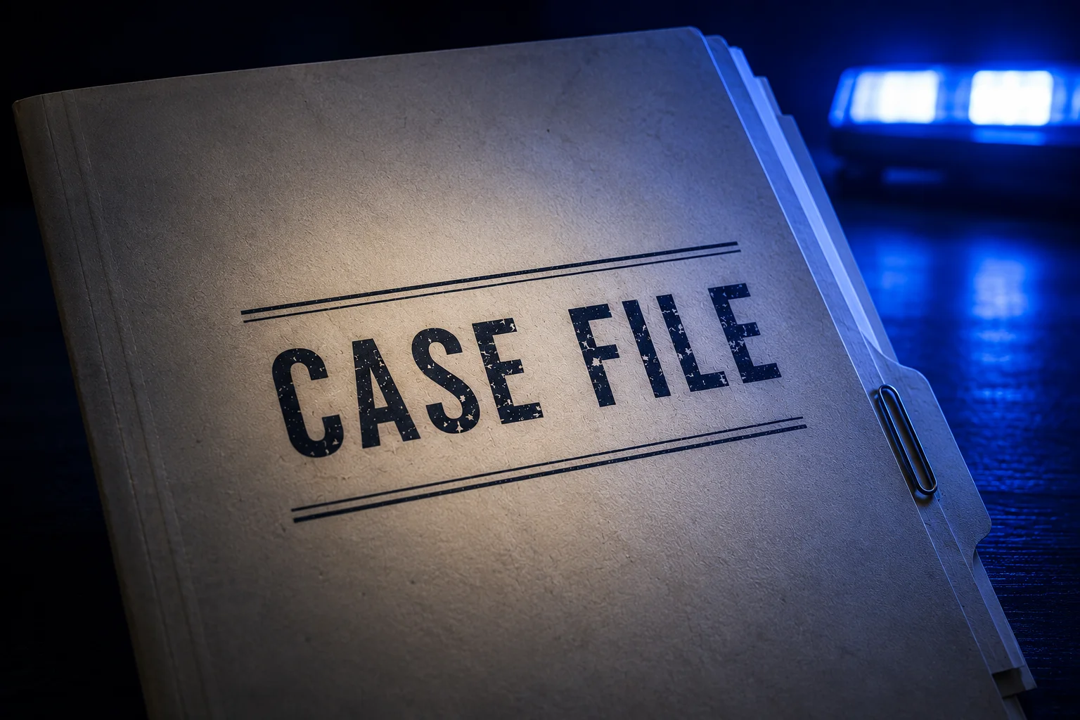 A police case file folder on a desk, with police lights visible in the background