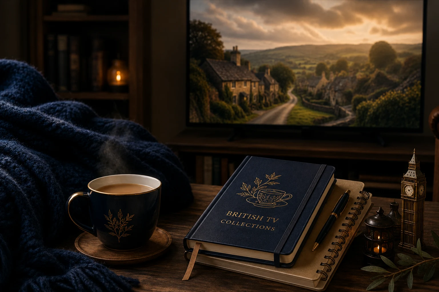 A leather notebook embossed 'British TV Collections' beside a cup of tea, with a cozy English village playing on a TV in the background