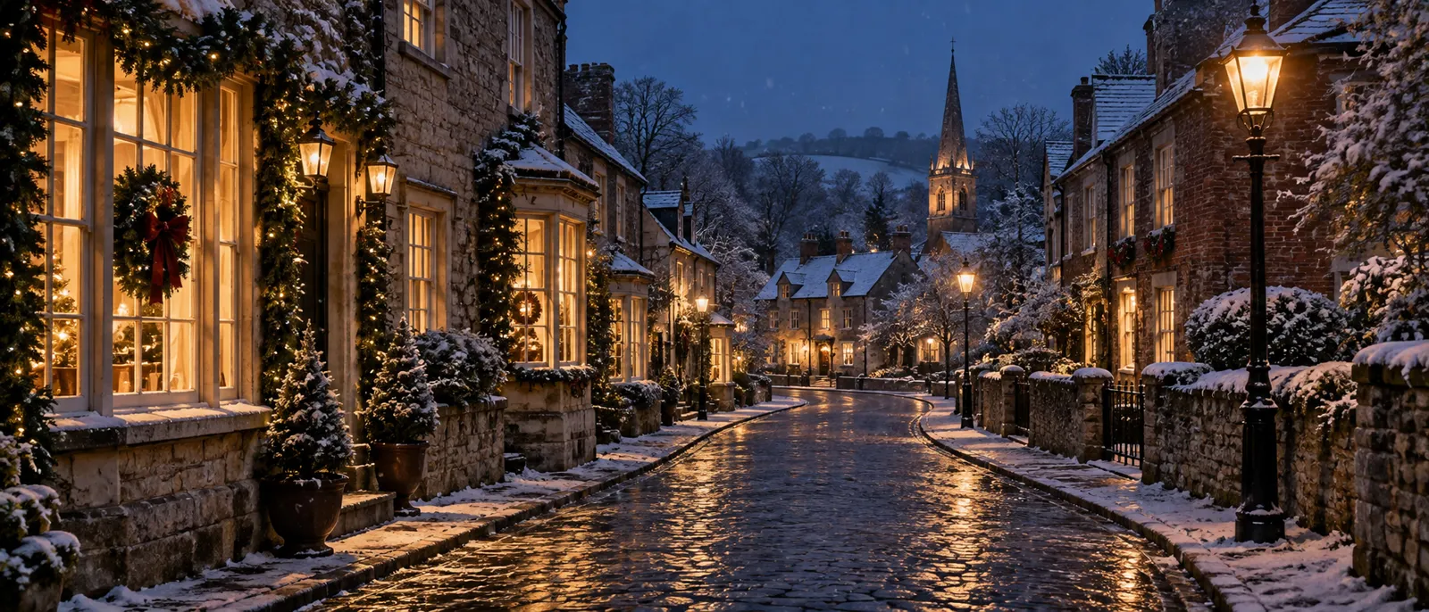 A snowy Cotswolds village street at night, decorated for Christmas with wreaths, lights, and a church spire in the distance