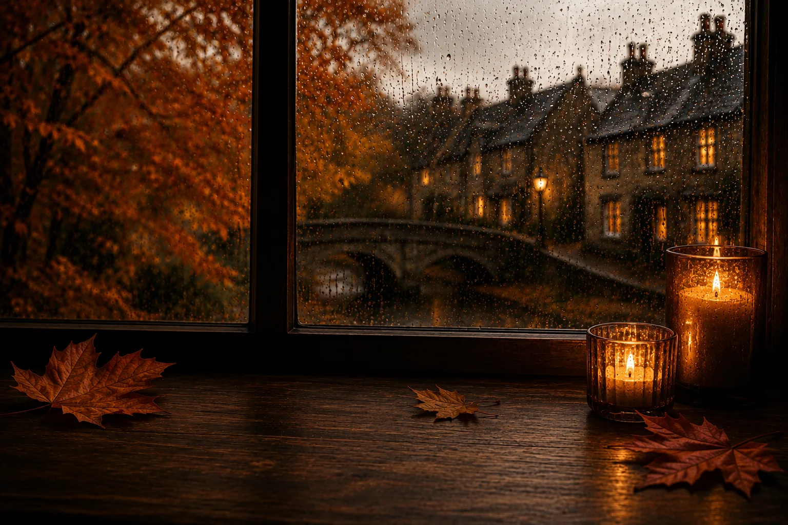 Candles and autumn leaves on a windowsill overlooking a rainy Cotswolds village at dusk