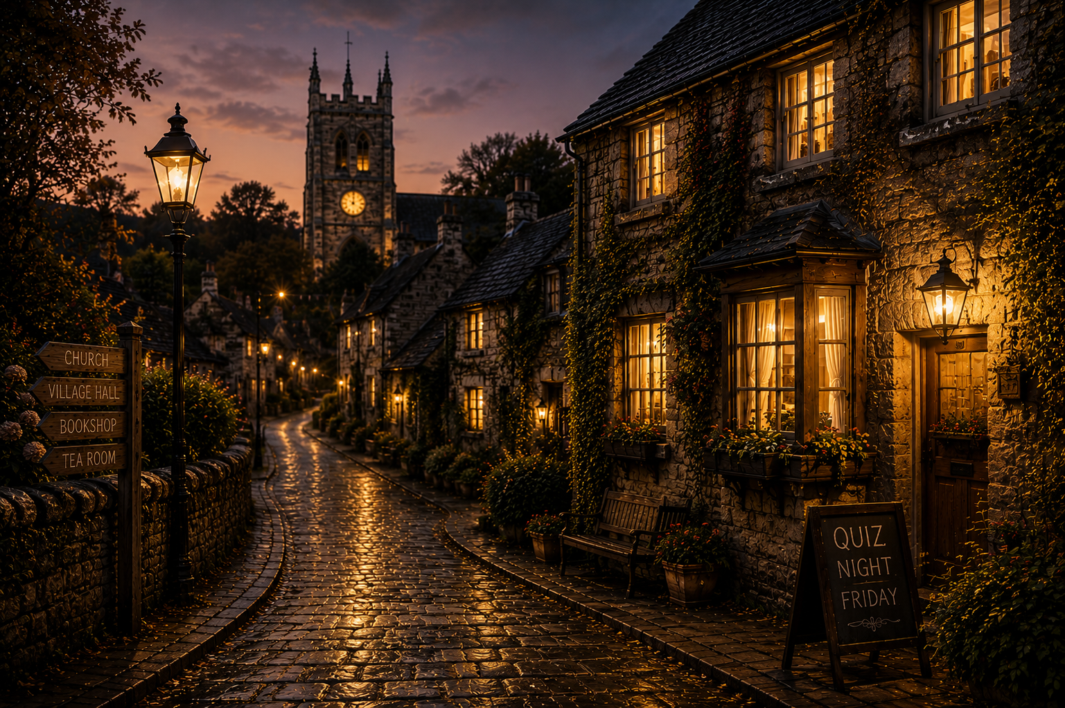 Quintessential English village at dusk with cobblestone street and warm glowing windows