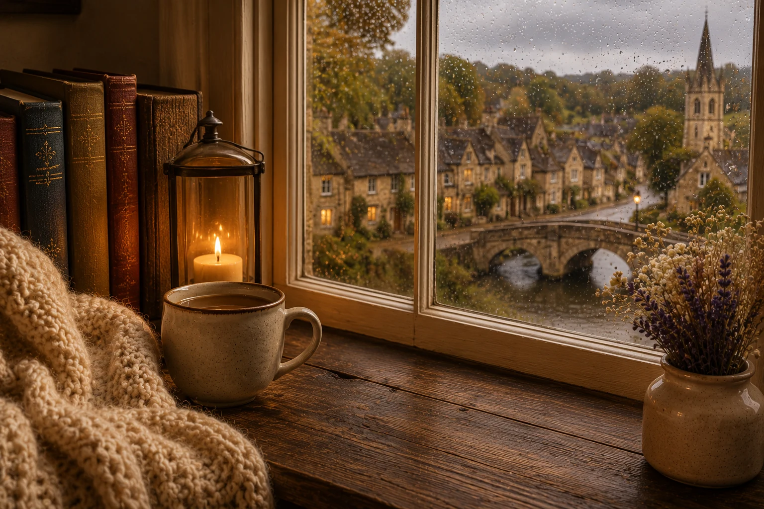 A cozy window seat with tea, candlelight, and books overlooking a rain-soaked Cotswolds village with a stone bridge and church spire