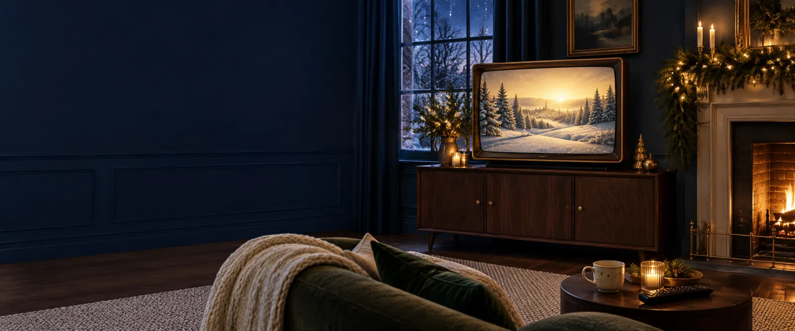 A cozy living room at night with a Christmas scene playing on a vintage TV, candles, and a fireplace
