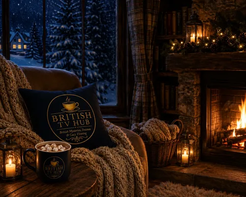 Coming Soon: Cozy Winter Nights — a British TV Hub pillow and mug beside a crackling fireplace, with snow falling outside