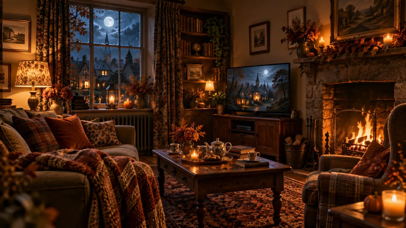 A cosy British sitting room on a rainy autumn night, fireplace lit, with a TV showing a moonlit village