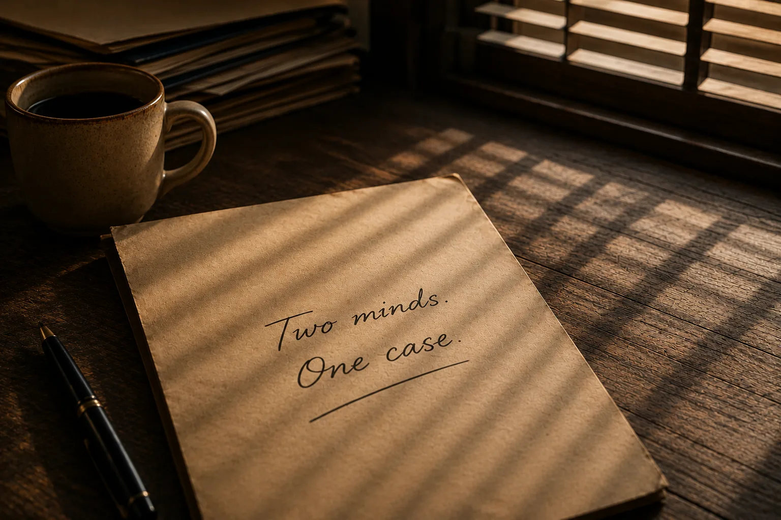 A notebook reading 'Two minds. One case.' beside a coffee cup and pen, sunlight through blinds