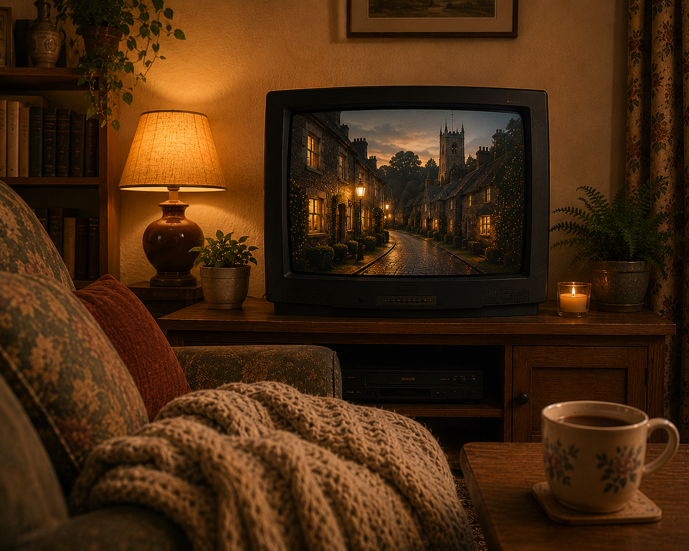 Cosy British living room with vintage TV showing a classic British street scene