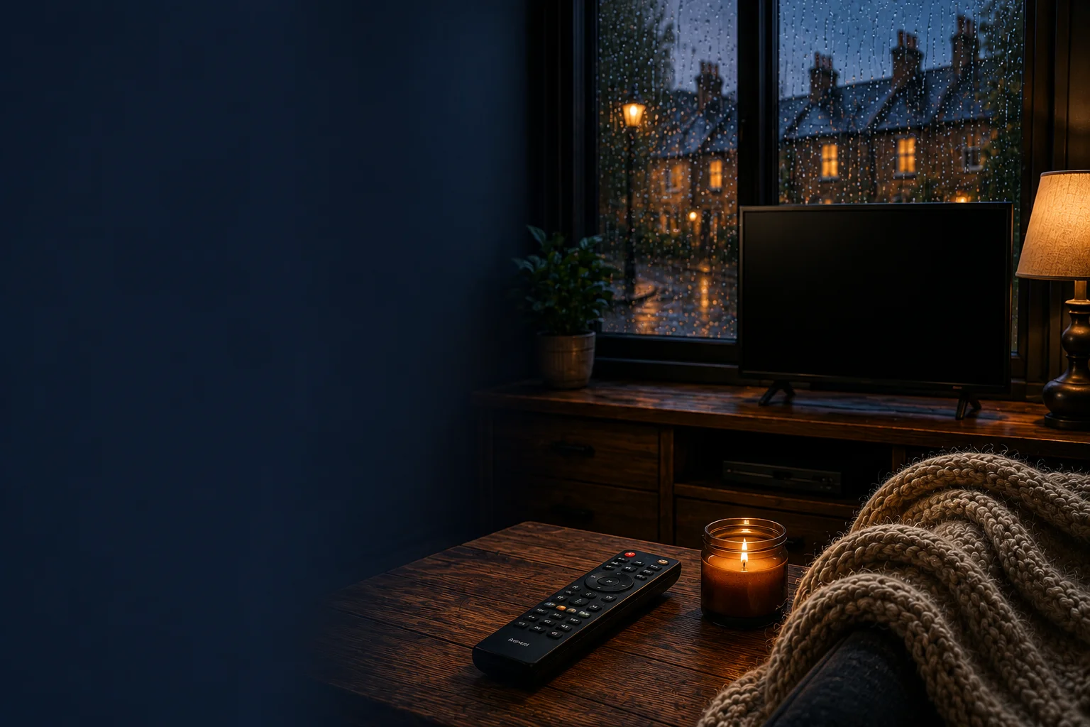 A cozy living room with a lit candle and remote on the table, blanket, and a rainy village view through the window