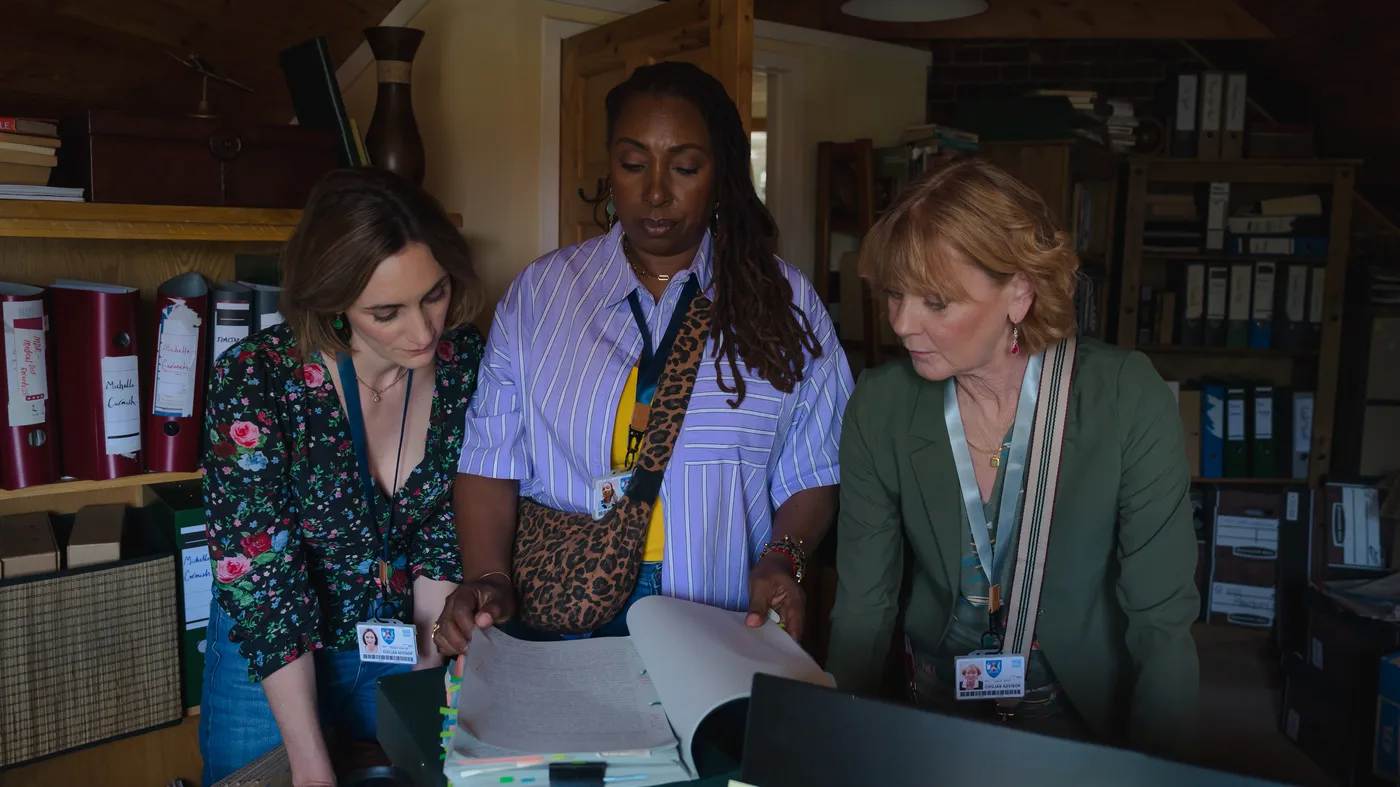 Samantha Bond, Jo Martin, and Cara Horgan in The Marlow Murder Club Season 3