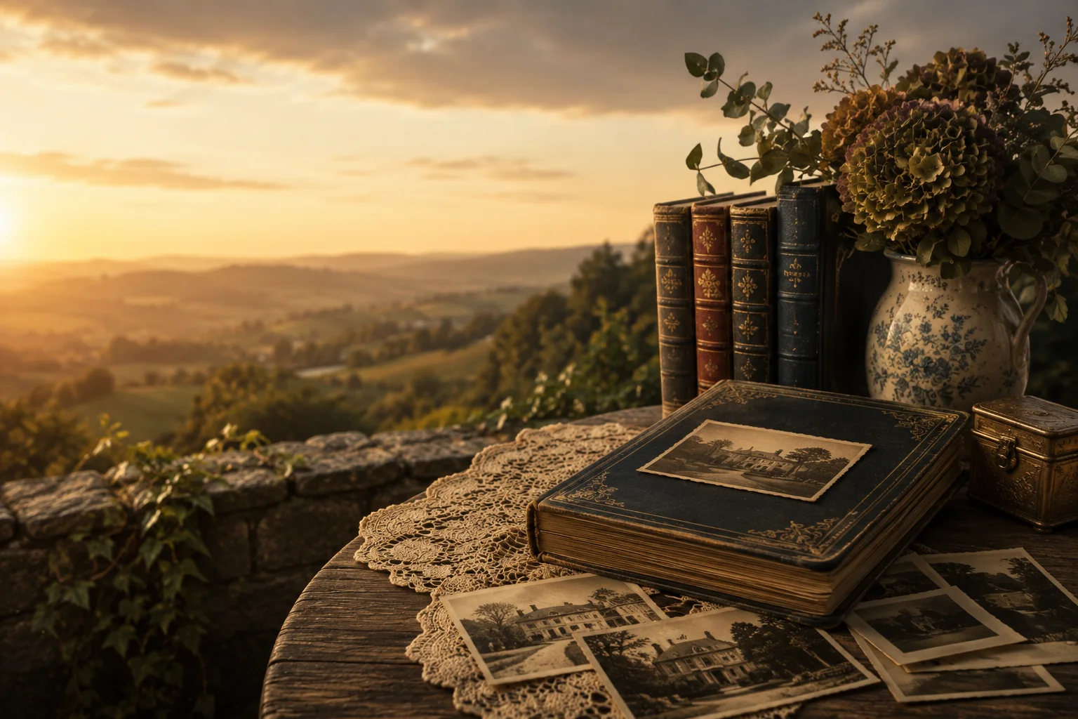 Antique leather-bound books, an old photo album, and sepia family photographs on a table overlooking rolling English countryside at sunset