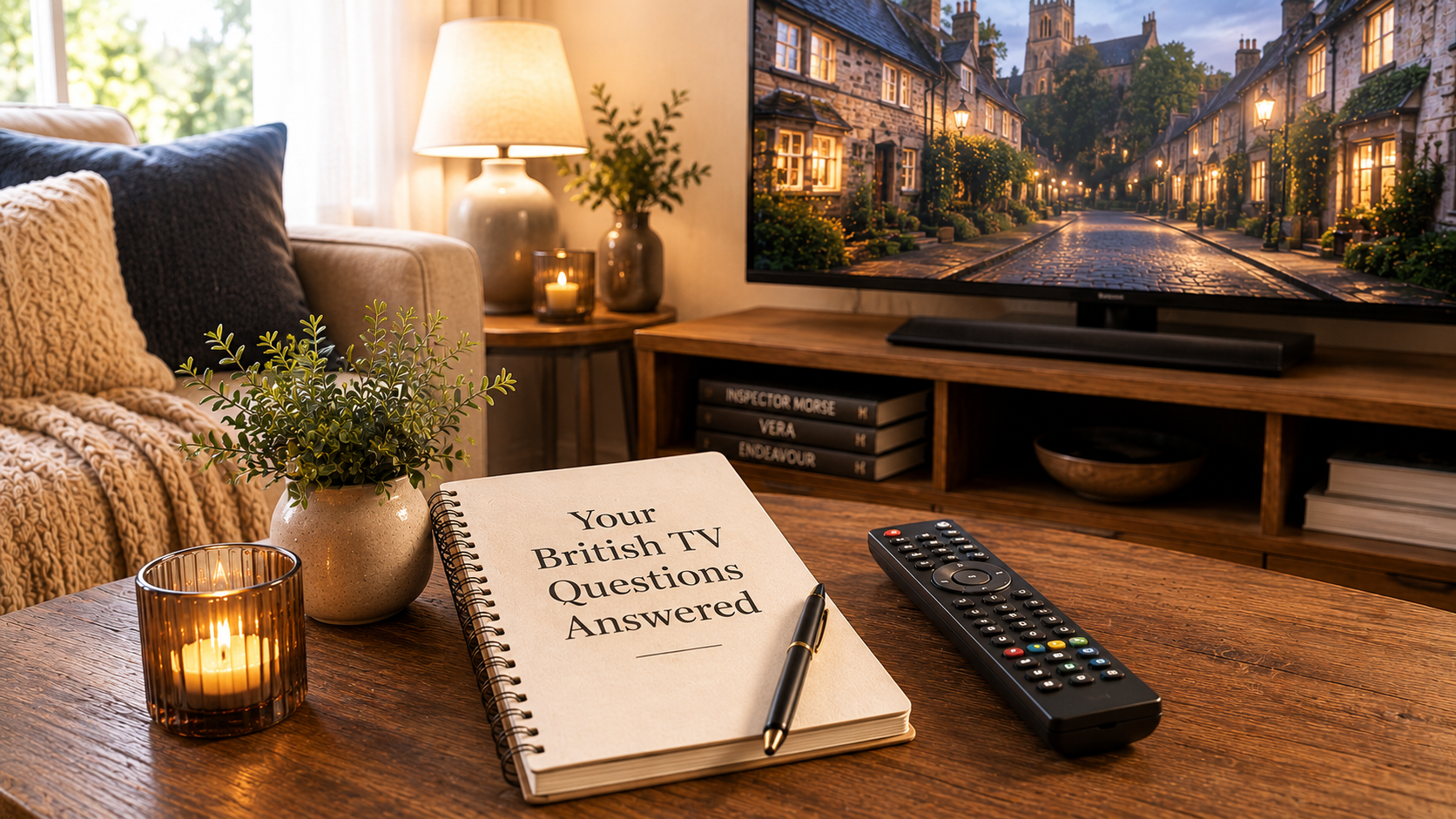 Cosy British TV room with notebook saying Your British TV Questions Answered