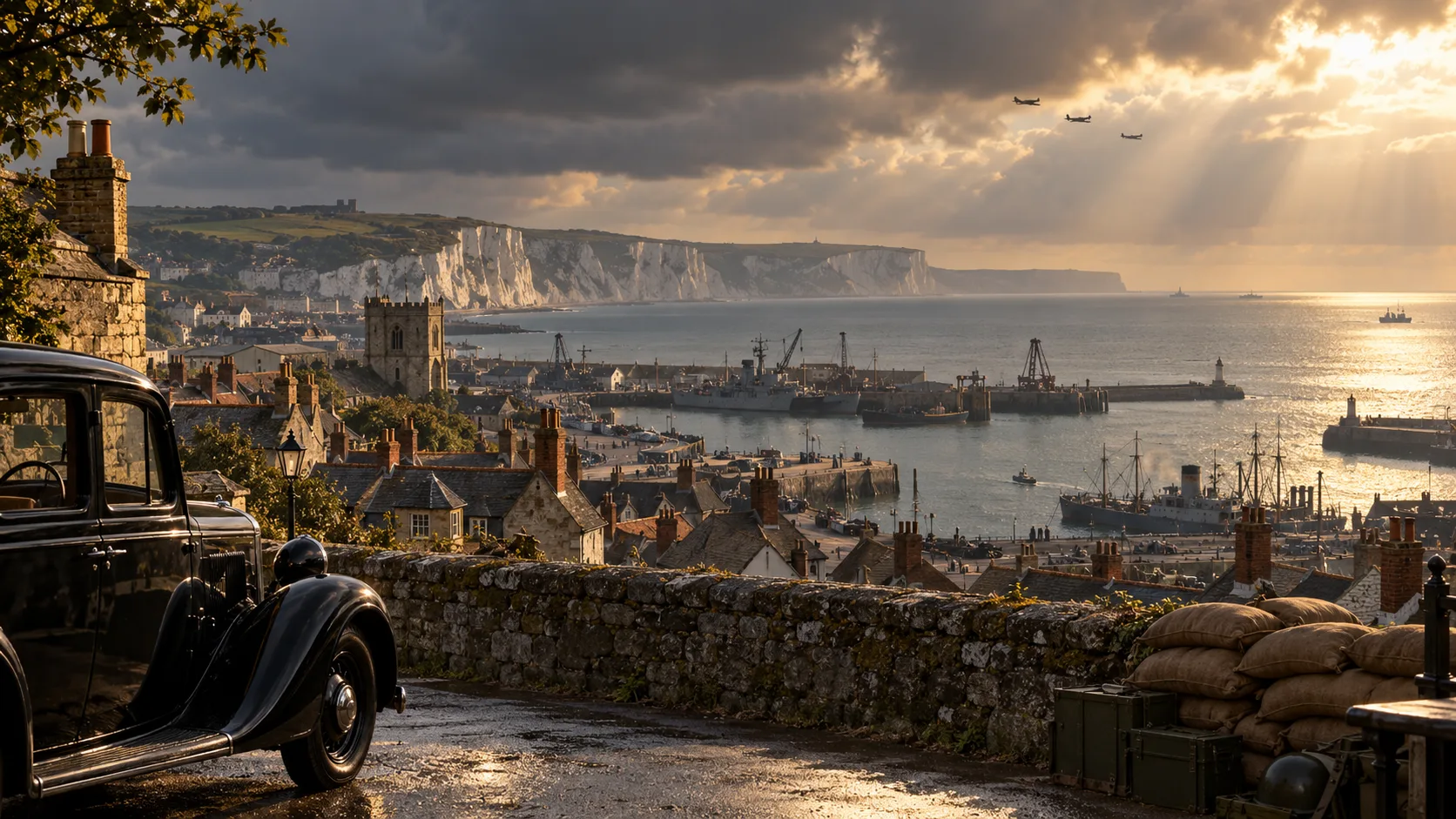 A 1940s coastal town at golden hour with a vintage car, sandbags and wartime aircraft over the harbour