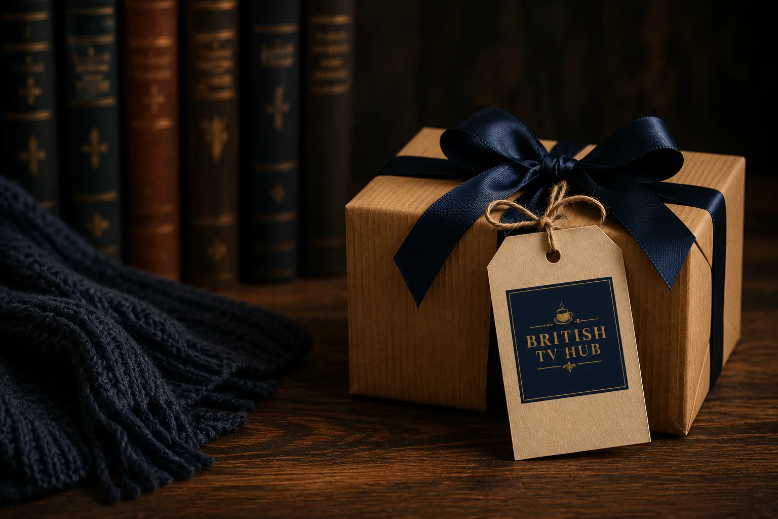 A wrapped gift box tied with navy ribbon, beside a knit blanket and leather-bound books