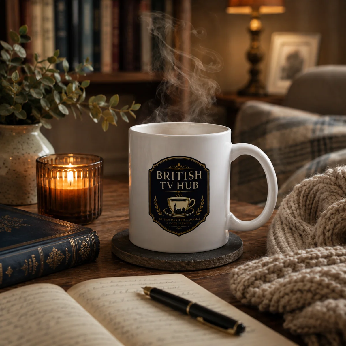 A steaming British TV Hub mug on a coaster, beside a candle, journal, and cozy knit blanket
