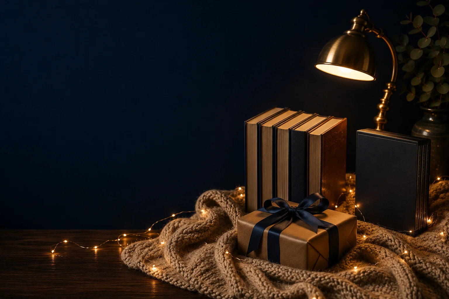 Books, wrapped gift, and lamp on a cozy knit blanket