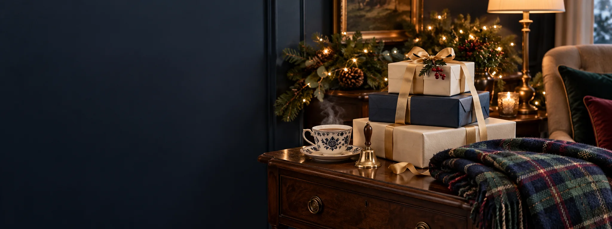 Wrapped gift boxes with gold ribbon beside a teacup and tartan throw