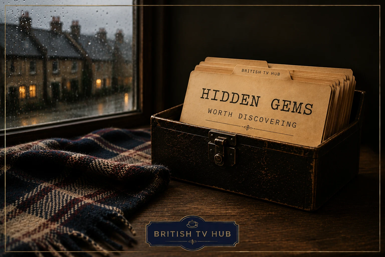 A rain-streaked window overlooking a British street, with a tartan blanket and a vintage file box labeled Hidden Gems, Worth Discovering