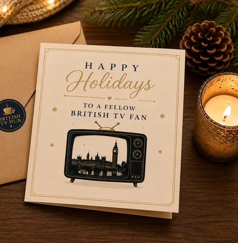 Happy Holidays to a Fellow British TV Fan holiday card, with a vintage TV showing Big Ben and Parliament
