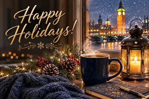 A Holiday Card for British TV Lovers, showing a cozy London-inspired winter window scene