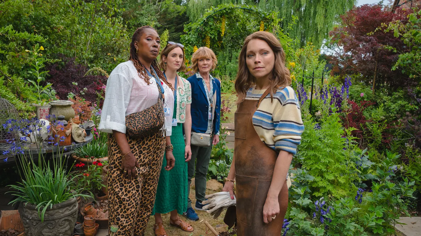 Shown left to right: Suzie Harris (Jo Martin), Becks Starling (Cara Horgan), Judith Potts (Samantha Bond), and Sophia (Sarah Alexander) in The Marlow Murder Club Season 3