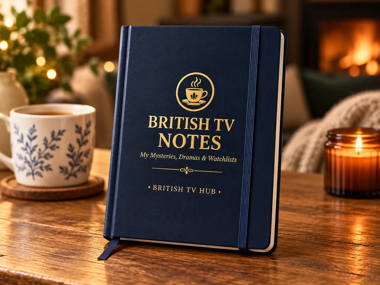British TV Notes Hardcover Journal, a navy and gold watchlist notebook for mysteries and dramas