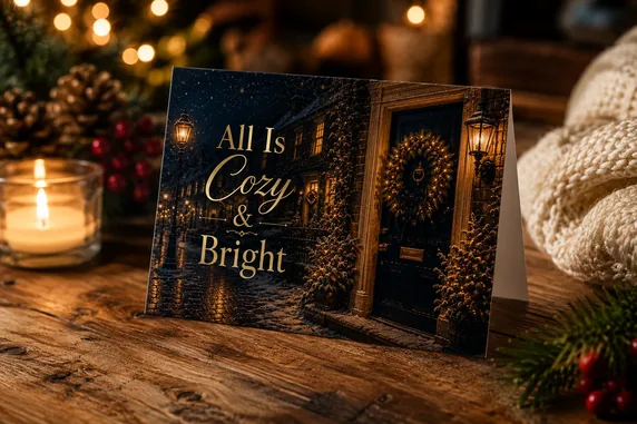 All Is Cozy and Bright holiday card, showing a snowy lamplit British street and wreathed front door