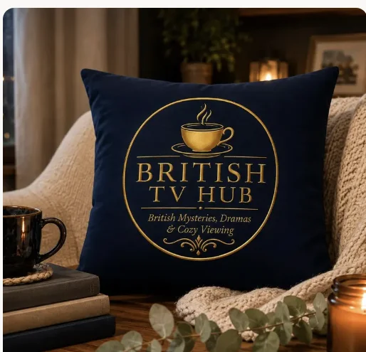 British TV Hub navy velvet pillow with gold crest
