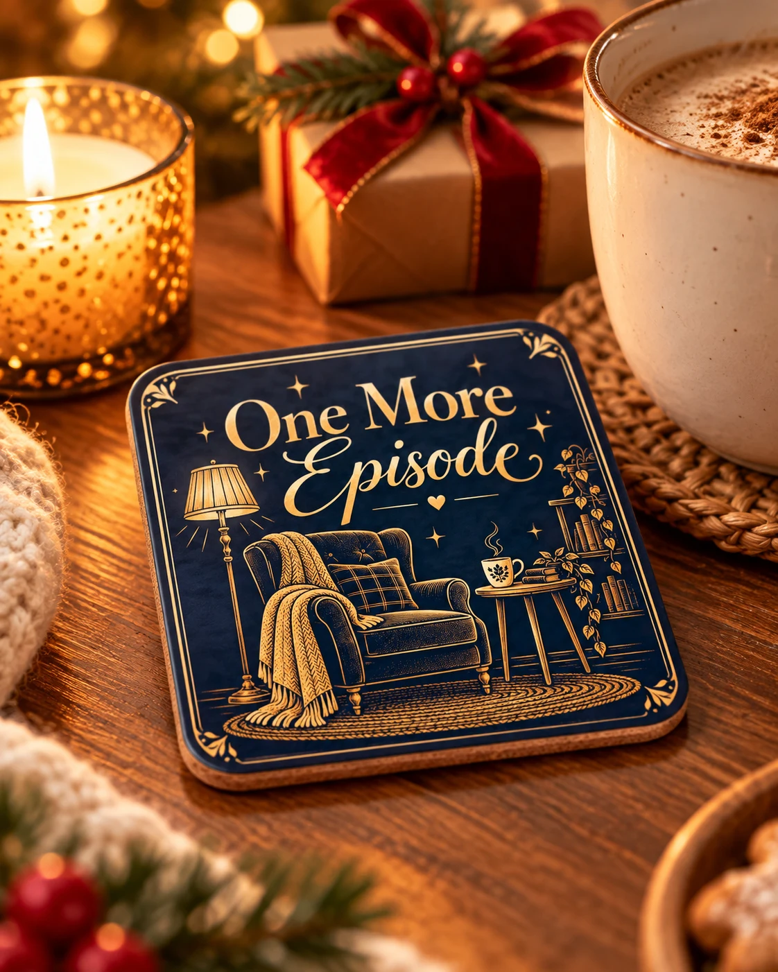 One More Episode Coaster, showing a fireside armchair reading nook scene