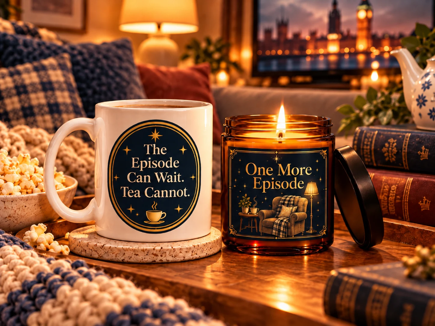 One More Episode Mug and Candle Gift Set, a mug reading The Episode Can Wait Tea Cannot beside a candle reading One More Episode