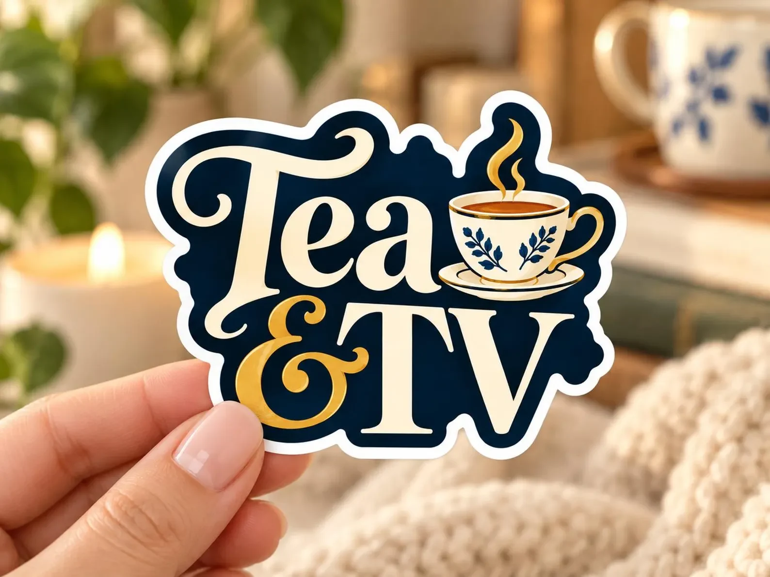 Tea and TV Vinyl Sticker, a navy and gold 3 by 3 inch sticker