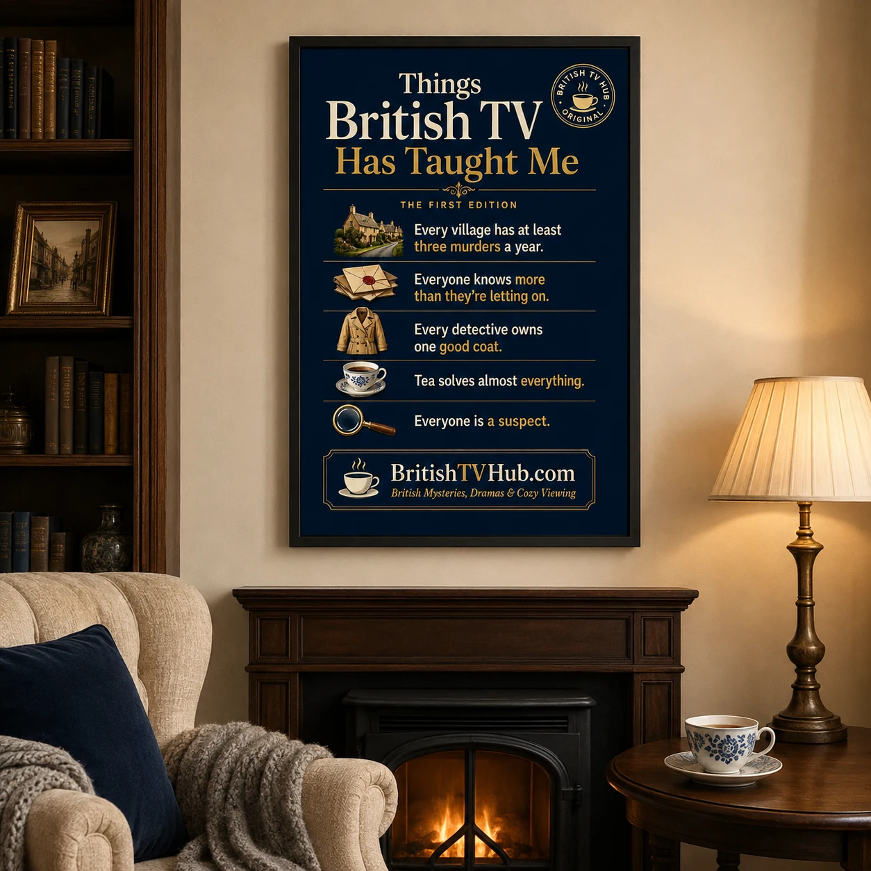 Things British TV Has Taught Me: The First Edition poster, framed above a fireplace in a cozy reading nook